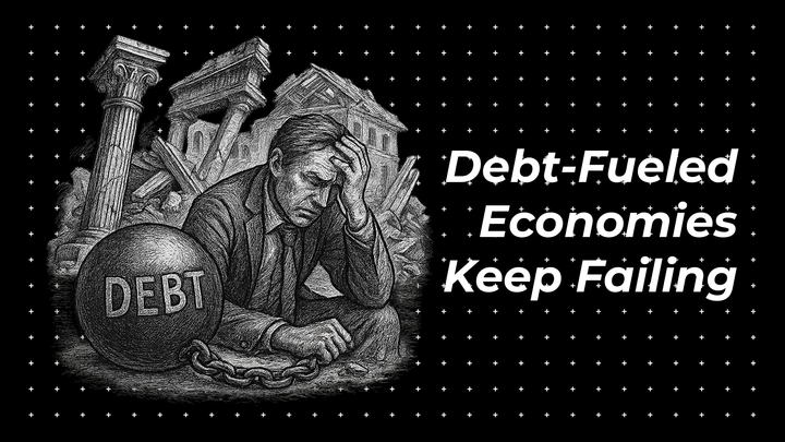 Illustration of a man in distress chained to a large debt ball, surrounded by collapsing classical columns and buildings, representing the failure of debt-fueled economies